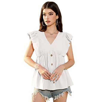 Womens Cap Sleeve V Neck Blouse Button Down Shirt Loose Casual Ruffle Hem Babydoll Peplum Tops