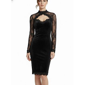 Women's Floral Lace Long Sleeve Cut Out Crew Neck Bodycon Mesh Mini Dress
