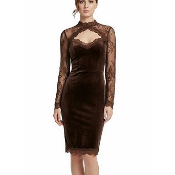 Women's Floral Lace Long Sleeve Cut Out Crew Neck Bodycon Mesh Mini Dress
