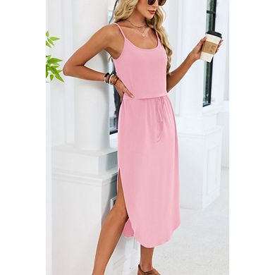 Women's Knit Cover Up Crew Neck Adjustable Strappy Split Beach Casual Midi Dress