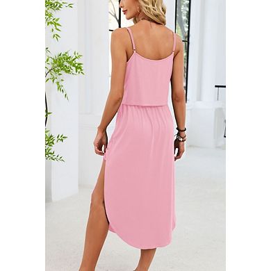 Women's Knit Cover Up Crew Neck Adjustable Strappy Split Beach Casual Midi Dress