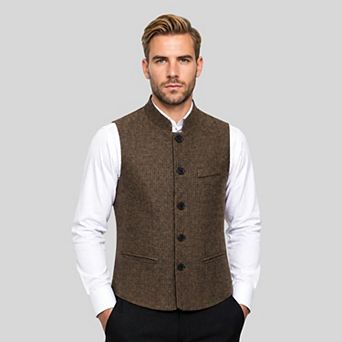 Men's Herringbone Suit Vest Slim Fit Stand Collar Formal Business Waistcoat