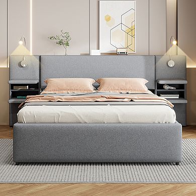 Trikiousd Upholstered Platform Bed with Lights, Storage Headboard and Trundle