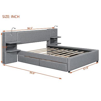 Trikiousd Upholstered Platform Bed with Lights, Storage Headboard and Trundle