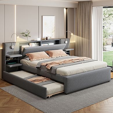 Trikiousd Upholstered Platform Bed with Lights, Storage Headboard and Trundle