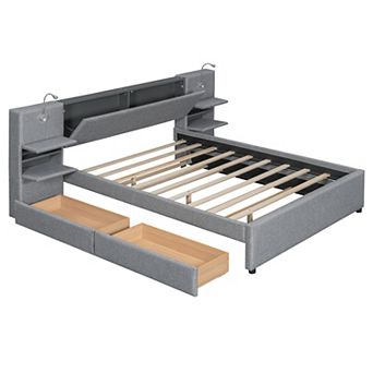 Trikiousd Upholstered Platform Bed with Lights, Storage Headboard and Trundle