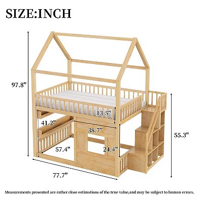 Trikiousd Wooden Kids House Loft Bed Playhouse Bed with Built-in LED Shelf Light & Storage Space