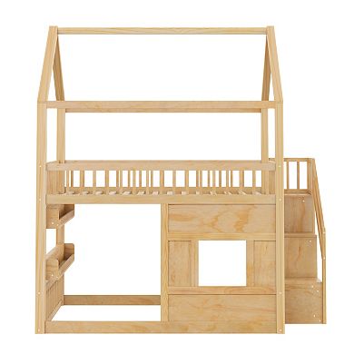 Trikiousd Wooden Kids House Loft Bed Playhouse Bed with Built-in LED Shelf Light & Storage Space