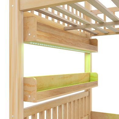 Trikiousd Wooden Kids House Loft Bed Playhouse Bed with Built-in LED Shelf Light & Storage Space