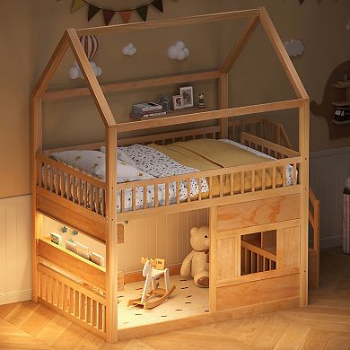 Trikiousd Wooden Kids House Loft Bed Playhouse Bed with Built-in LED Shelf Light & Storage Space