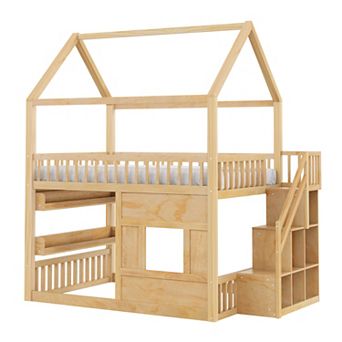 Trikiousd Wooden Kids House Loft Bed Playhouse Bed with Built-in LED Shelf Light & Storage Space