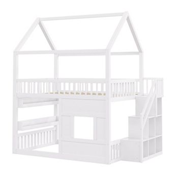 Trikiousd Wooden Kids House Loft Bed Playhouse Bed with Built-in LED Shelf Light & Storage Space