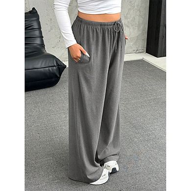 Women’s Plus Size Wide Leg Sweatpants, High Waist Drawstring Casual Trousers with Pockets