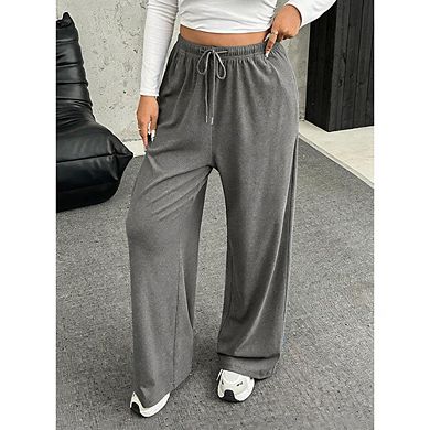 Women’s Plus Size Wide Leg Sweatpants, High Waist Drawstring Casual Trousers with Pockets
