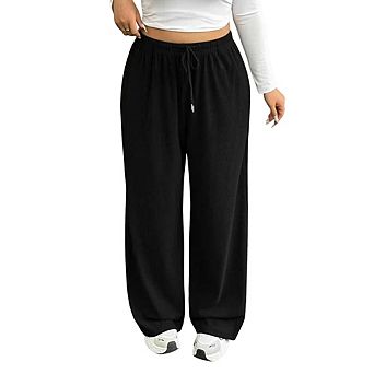 Women’s Plus Size Wide Leg Sweatpants, High Waist Drawstring Casual Trousers with Pockets
