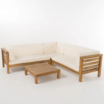 Trikiousd Outdoor Acacia Wood V-Shaped Sectional Sofa Set with Cushions and Table