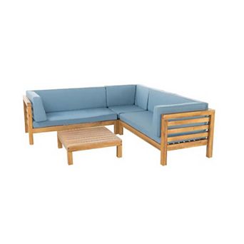 Trikiousd Outdoor Acacia Wood V-Shaped Sectional Sofa Set with Cushions and Table