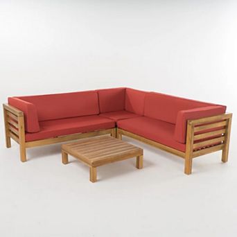 Trikiousd Outdoor Acacia Wood V-Shaped Sectional Sofa Set with Cushions and Table