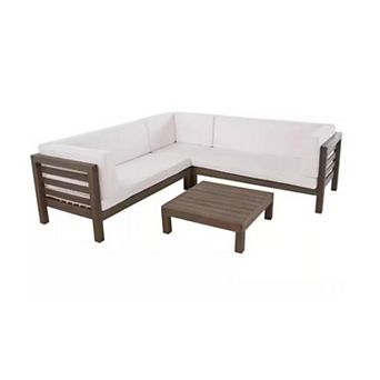 Trikiousd Outdoor Acacia Wood V-Shaped Sectional Sofa Set with Cushions and Table