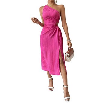 Women’s One Shoulder Midi Dress, Ribbed Knit Bodycon Dress with Waist Cutout and Side Slit