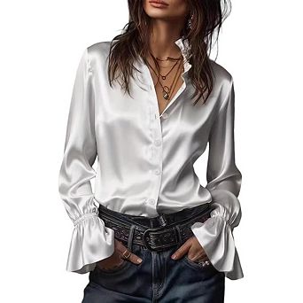 Women Satin Ruffle Collar Blouse Long Sleeve Button-Down Shirt with Casual Cuffs Elegant Casual Top