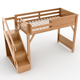 Trikiousd Wood Loft Bed with Stairs, Built-in Wardrobe & Storage Space for Bedroom