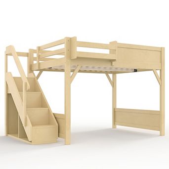 Trikiousd Wood Loft Bed with Stairs, Built-in Wardrobe & Storage Space for Bedroom