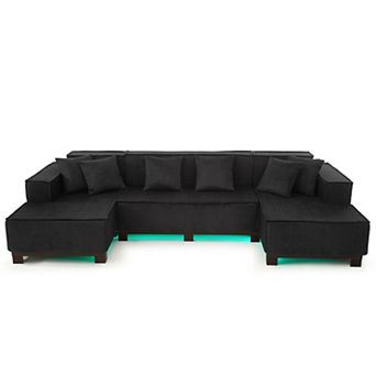Trikiousd 130" U-Shaped Sectional Sofa with LED Lights and 6 Pillows