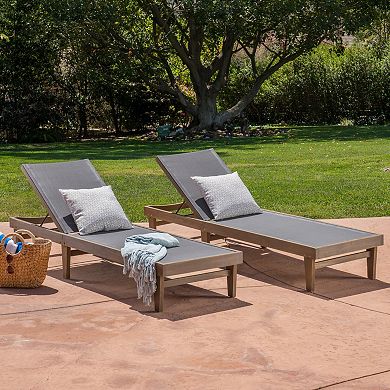 Chaise Lounge Mesh on Teak Acacia Wood Frame, Set of 2