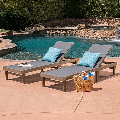 Chaise Lounge Mesh on Teak Acacia Wood Frame, Set of 2