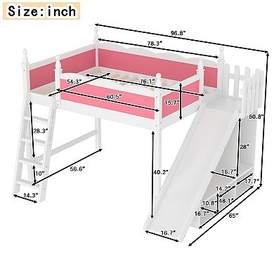 Trikiousd Wooden Loft Bed with Storage Shelves, Full-Length Guard Rail & Slide