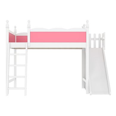 Trikiousd Wooden Loft Bed with Storage Shelves, Full-Length Guard Rail & Slide