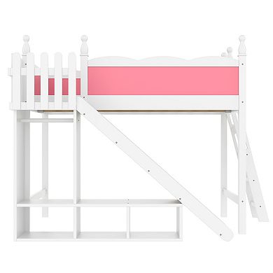 Trikiousd Wooden Loft Bed with Storage Shelves, Full-Length Guard Rail & Slide