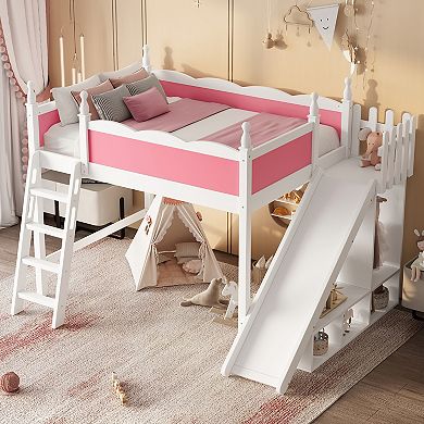 Trikiousd Wooden Loft Bed with Storage Shelves, Full-Length Guard Rail & Slide