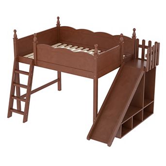 Trikiousd Wooden Loft Bed with Storage Shelves, Full-Length Guard Rail & Slide