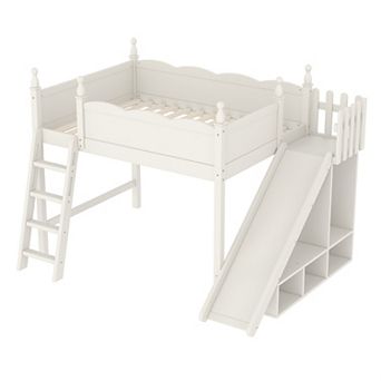 Trikiousd Wooden Loft Bed with Storage Shelves, Full-Length Guard Rail & Slide