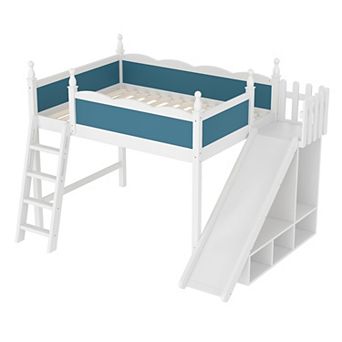 Trikiousd Wooden Loft Bed with Storage Shelves, Full-Length Guard Rail & Slide