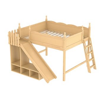 Trikiousd Wooden Loft Bed with Storage Shelves, Full-Length Guard Rail & Slide