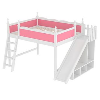 Trikiousd Wooden Loft Bed with Storage Shelves, Full-Length Guard Rail & Slide