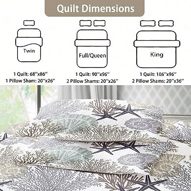 3 Piece Quilt Set with 2 Shams - Coastal Ocean Pattern, Soft, Lightweight