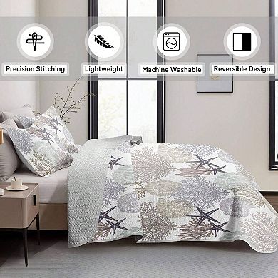 3 Piece Quilt Set with 2 Shams - Coastal Ocean Pattern, Soft, Lightweight