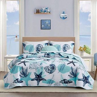 3 pc Quilt Set with 2 Shams - Coastal Ocean Pattern, Soft, Lightweight