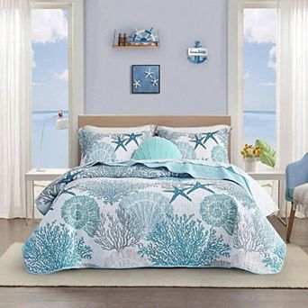 3 pc Quilt Set with 2 Shams - Coastal Ocean Pattern, Soft, Lightweight