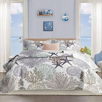 3 pc Quilt Set with 2 Shams - Coastal Ocean Pattern, Soft, Lightweight