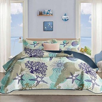 3 pc Quilt Set with 2 Shams - Coastal Ocean Pattern, Soft, Lightweight
