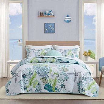 3 pc Quilt Set with 2 Shams - Coastal Ocean Pattern, Soft, Lightweight