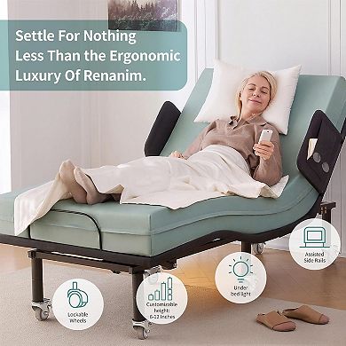 FlexCare Adjustable Bed Frame w/ Rails + 6" Pressure Mattress, Remote, Wheels