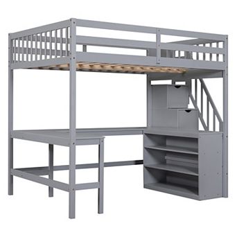 Trikiousd Wood Full Size Loft Bed Frame with L-Shaped Desk & Three-Tier Storage Shelves