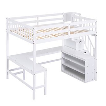 Trikiousd Wood Full Size Loft Bed Frame with L-Shaped Desk & Three-Tier Storage Shelves