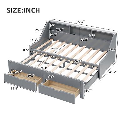 Trikiousd Twin to King Size Daybed Wood Extendable Sofa Bed with Storage Bookcases & 2 Drawers